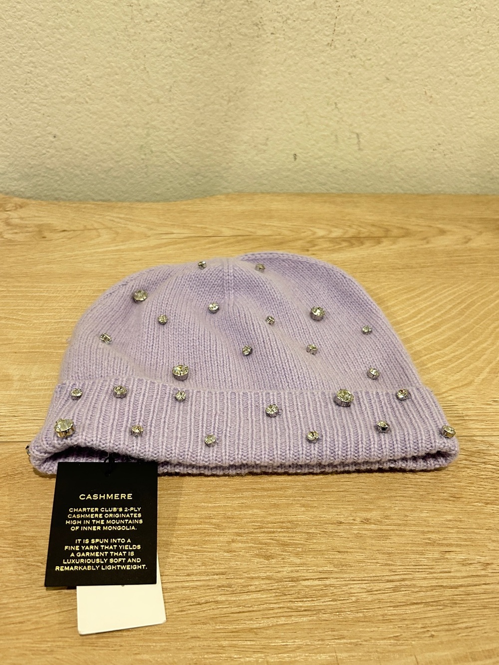 NWT Charter Club Cashmere Beanie Crystal Embellished Cuffed Fresh Orchid, $119